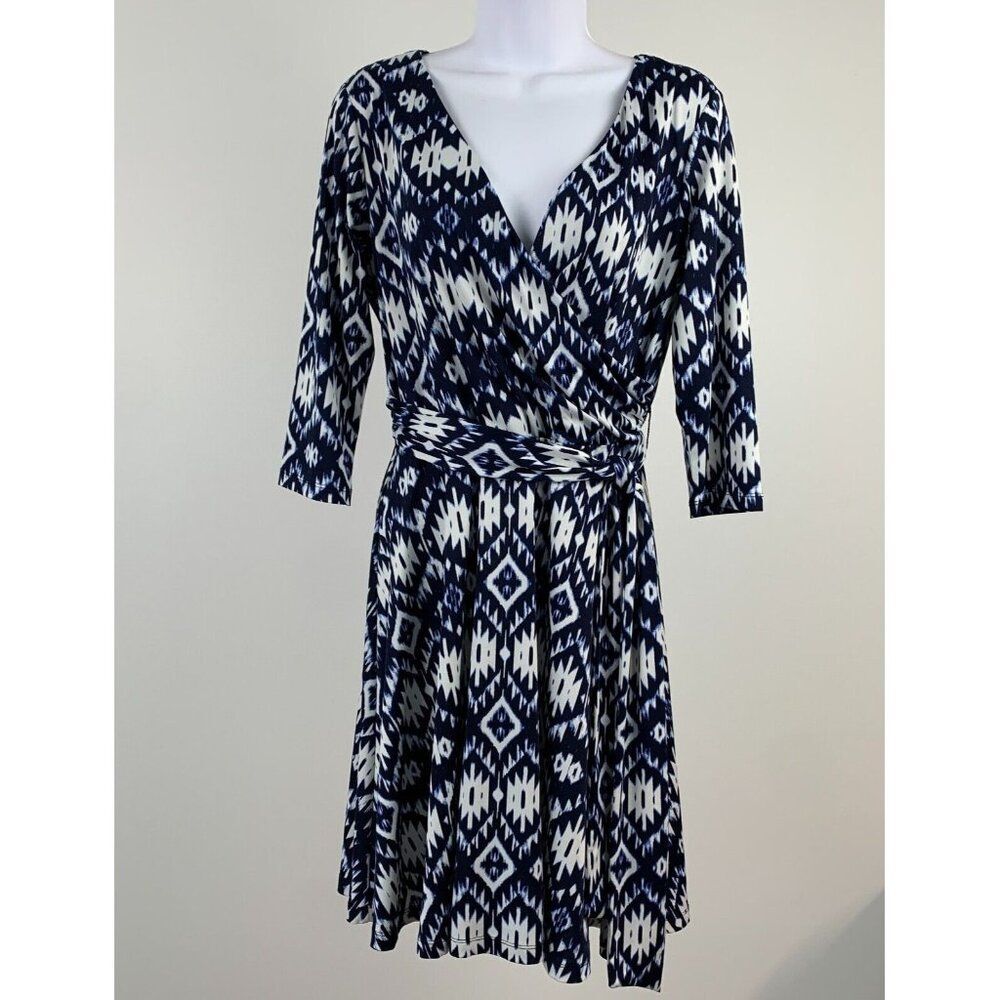 AB Studio Dress sz M Fit & Flare Dress Cross Over Bust Blue White 3/4 Sl